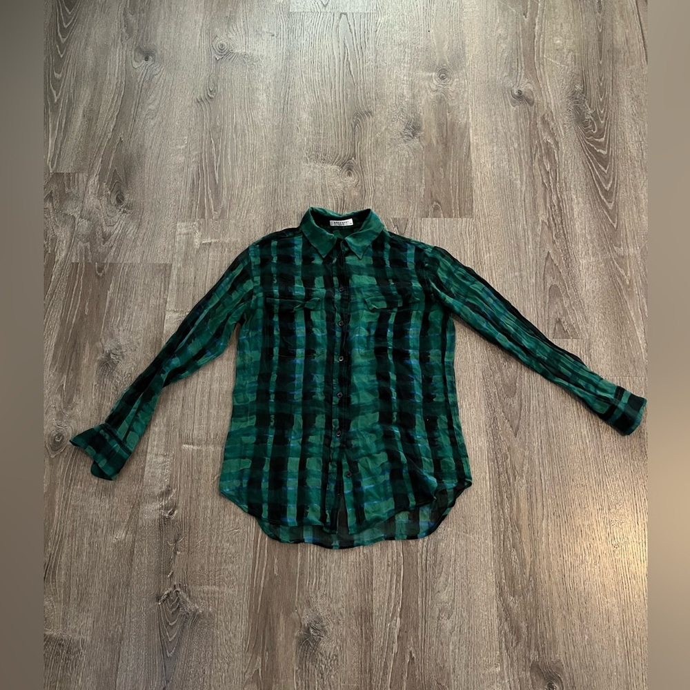 EQUIPMENT green black blue plaid sheer silk button front shirt blouse